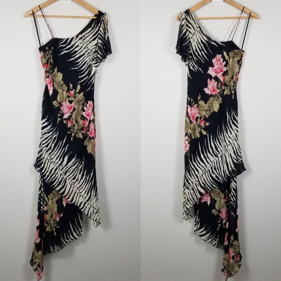 Alberto Makali Black Floral Asymmetrical One Shoulder Maxi Rayon Dress Size 8 - Picture 9 of 16
